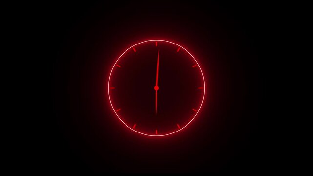 Red colour clock icon animation with saber effect, wall clock hours icon smooth effect sign symbol on black colour background