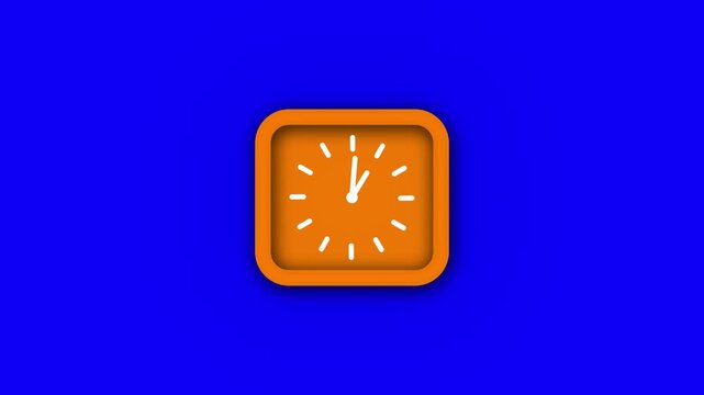 Awesome brown color square 12 hours wall clock animation on blue background. clock isolated on pink dark background.