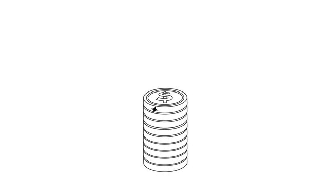 Line art dollar coin stack animation with sparkle effect on white background. Black outline minimalist vector motion graphics for business and finance video.