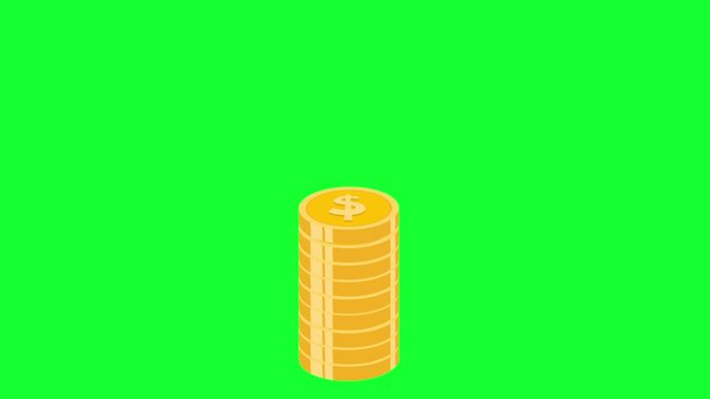 Flat design isometric gold coins forming a single stack on green screen background. Clean motion graphics element for banking, business, and finance.