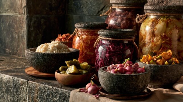 Assorted Homemade Fermented Foods in Jars and Bowls on Stone Ledge