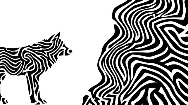 Black and white wolf maze illustration with abstract line pattern and copy space