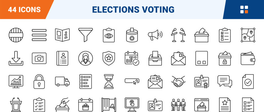 Elections and voting line icon set. Vector pictograms of polling, campaign, ballot, and result elements, thin linear illustration.