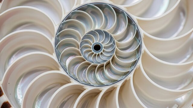 Abstract spiral pattern of a white nautilus shell.