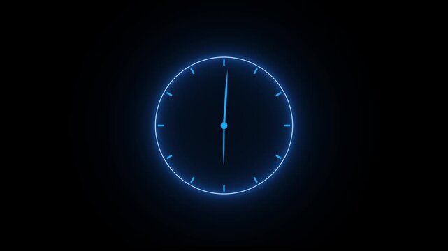 Blue colour clock icon animation with saber effect, wall clock hours icon smooth effect sign symbol on black colour background