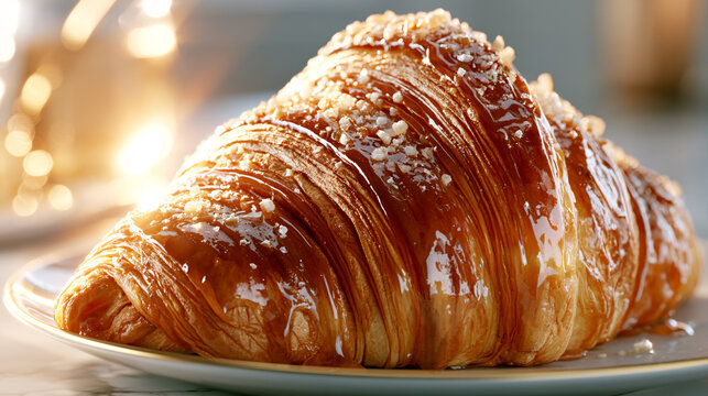 Flaky buttery French croissant coated with glossy salted caramel glaze and crunchy caramel crystals