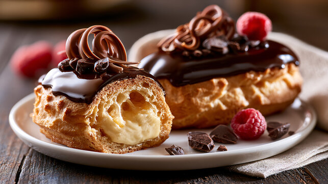 Traditional French &eacute;clair filled with rich vanilla pastry cream and topped with glossy dark chocolate icing