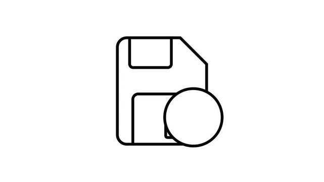 Animated download button and floppy disk icon saving process with checkmark success signal. Modern flat line UI motion design on white background.