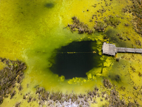 Aerial view of Siijil Noh Ha cenote with a wooden dock surrounded by lush green vegetation and clear water in Felipe Carrillo Puerto, Quintana Roo, Mexico.
