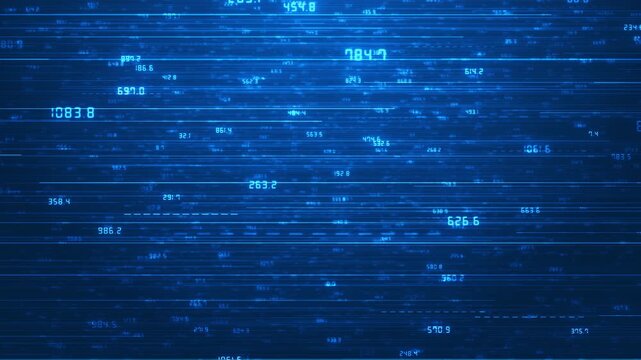 Fast digital statistics motion visual blue numeric data, moving horizontal lines, glowing tech depth. market analysis, business analytics, software dashboards, financial clips, cyber systems,