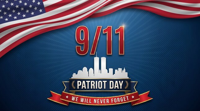 9/11 Patriot Day memorial graphic. American flag background with never forget tribute