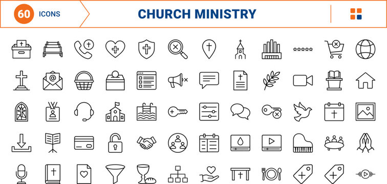 Evangelical Church Icons line icon set. Vector pictograms of ministry, worship, community, and service elements, thin linear illustration.