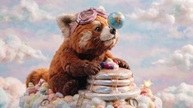 Cute red panda pilot balancing a globe while sitting on fluffy clouds