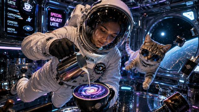 Astronaut pouring galaxy latte art in a zero gravity space cafe
