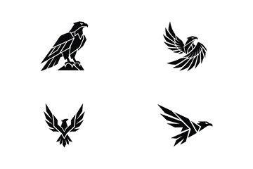 Fototapeta premium Set of 4 minimalist geometric eagle and hawk logo silhouettes for modern corporate branding and animal identity design