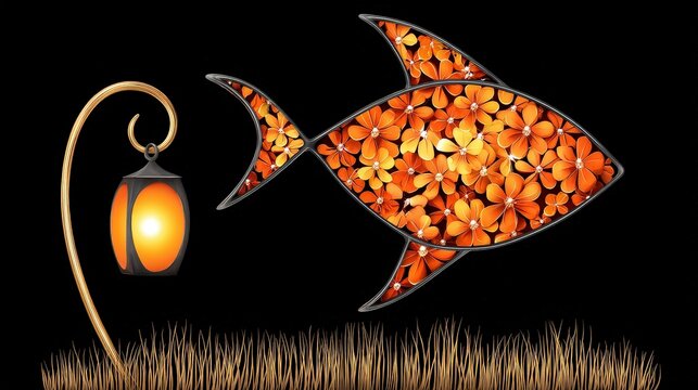Decorative flower fish sculpture with lantern and grass on black background