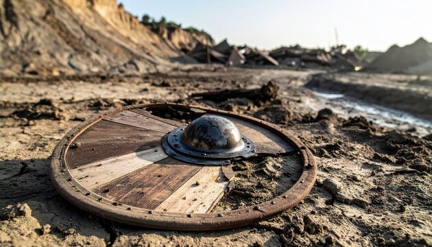 Viking Shield Lying on Barren Ground in a Battlefield Landscape
