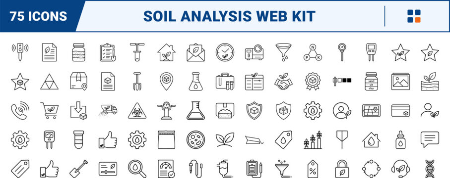 Soil testing platform line icon set. Vector pictograms of agronomy, health, core, and sample elements, thin linear illustration.