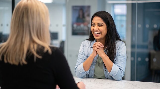 Two women in office sharing a laugh during a productive work meeting