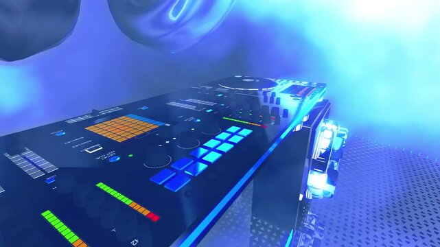 3D DJ Controller Video Loop with Text Placeholder.
A  camera moves across a modern DJ console toward oversized decorative headphones
