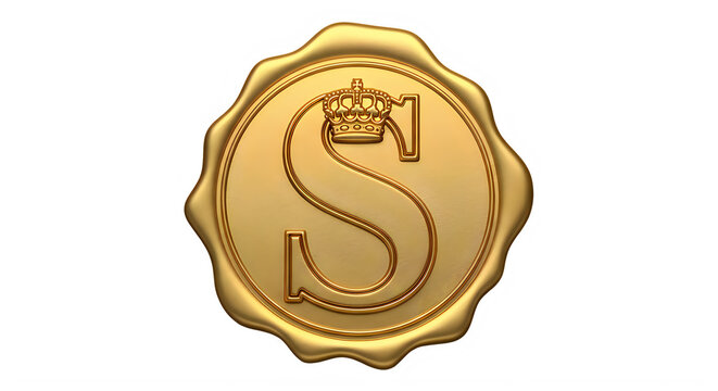 Golden embossed crown topped letter S seal isolated on transparent background transparent background
