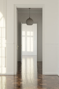 3D Rendering of a classic corridor with paneling walls in the sunlight