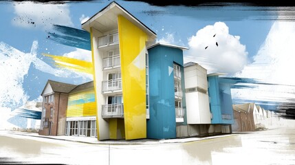 Naklejka premium Modern colorful apartment building with vibrant exterior and geometric design