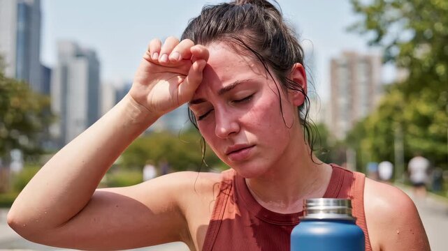 Fatigued athletic woman recovering from outdoor workout fatigue, wiping sweat and catching breath on a public park bench in urban summer heat, for fitness content, health campaigns video
