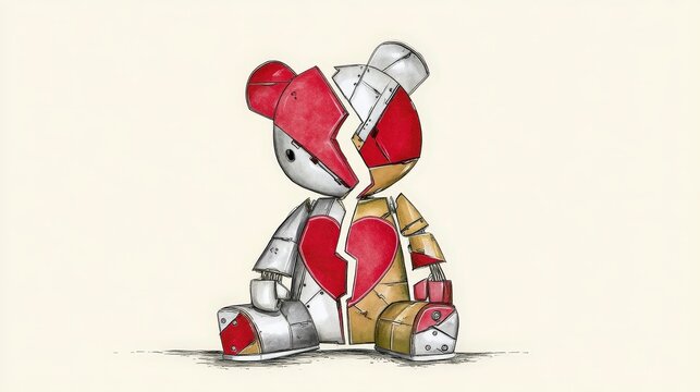 Broken Heart Robot Sculpture with Sad Expression on White Background