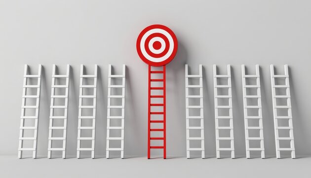 Red Target Above One Tall Ladder Among Many Short White Ladders