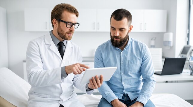 Doctor explaining medical results on a tablet to a patient in an examination room