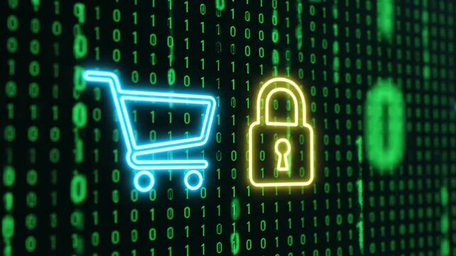 Digital shopping cart with padlock on binary code background