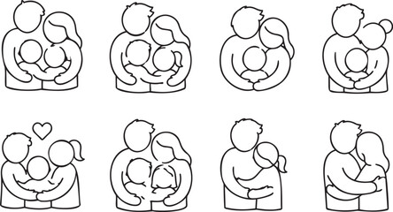 Fototapeta premium Mother and Baby Line Outline Icon Set with Parenting and Family Care, parenting icons