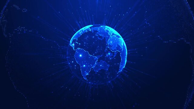 Blue digital globe network bright Earth sphere, radial data rays, world texture, deep tech space. global communication , internet systems, cyber security intros, satellite visuals, motion overlays.