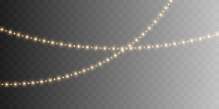 Warm decorative lights shimmer with glowing golden bulbs and delicate light trails. Fine illumination creates an inviting Christmas atmosphere. Perfect for transparent vector.