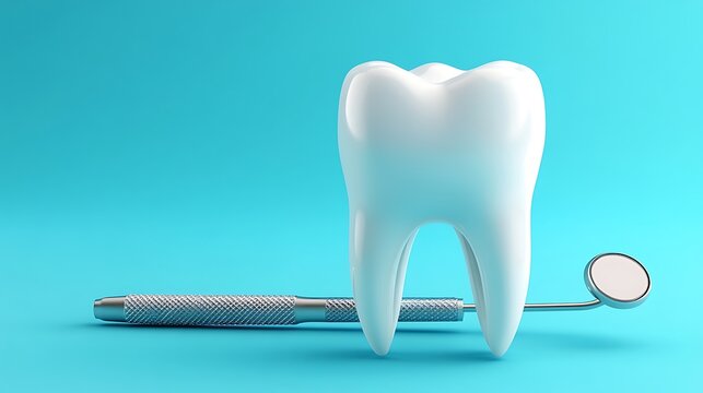 Dental mirror and probe with tooth model isolated on white background