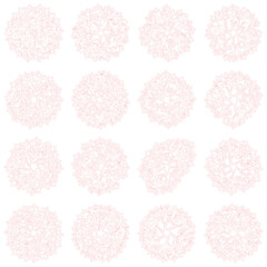 Fototapeta premium Delicate pink lace mandala set, 16 ornamental floral snowflake vectors, elegant circular filigree patterns for wedding invitations and stationery