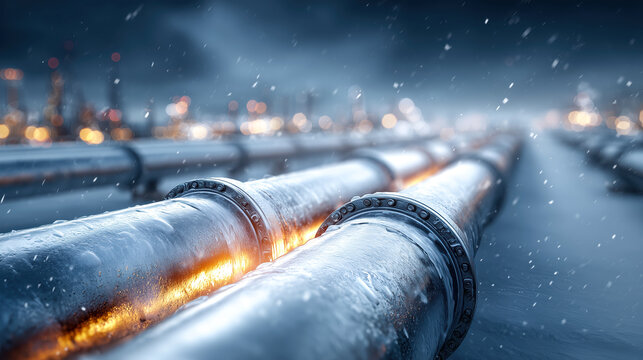 Pipes carrying warmth beneath snowy cityscape, glowing with heat against cold backdrop, illustrating district heating. Snowflakes gently fall, enhancing winter atmosphere