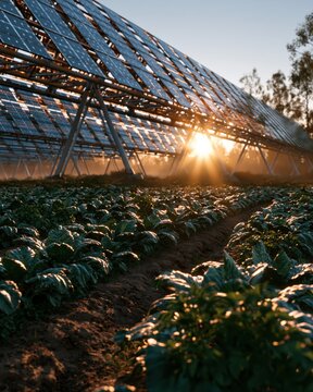 Solar Panels Over Farm Field at Sunset Generating Clean Energy Sunlight