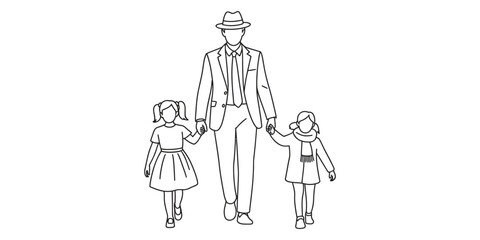 Obraz premium Father holding hands with his two young daughters walking together