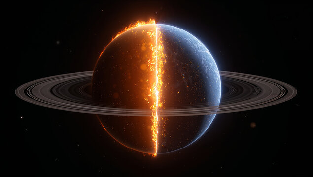 熾烈に燃える太陽フレア恒星と氷のリングをもつ神秘の環状惑星