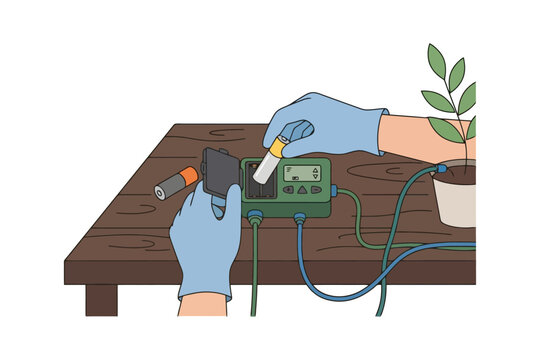 Gardener testing soil with ph meter and test tube on wooden table.
