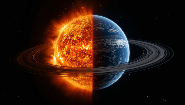 熾烈に燃える太陽フレア恒星と氷のリングをもつ神秘の環状惑星