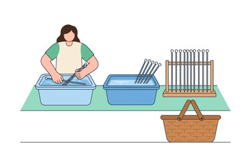 Fototapeta premium Woman washing knitting needles with storage bins and basket.
