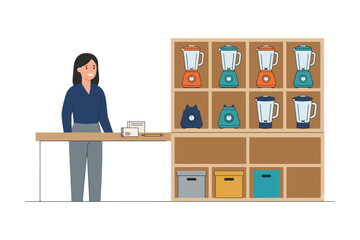 Fototapeta premium Asian female shopkeeper in appliance store with colorful blenders on shelves.