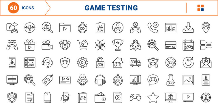 Video game playtest platform line icon set. Vector pictograms of gaming, testing, interface, and feedback elements, thin linear illustration.