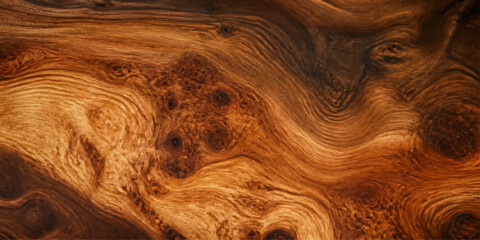 Fototapeta premium Rich Wood Grain Texture: A close-up view of a polished wood surface showcasing its intricate and swirling grain patterns, with rich brown and golden hues creating a natural, artistic display.