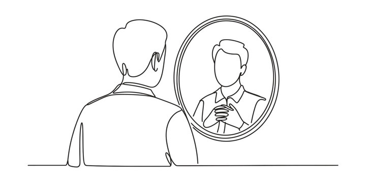 Man looking at his reflection in a round mirror continuous line drawing
