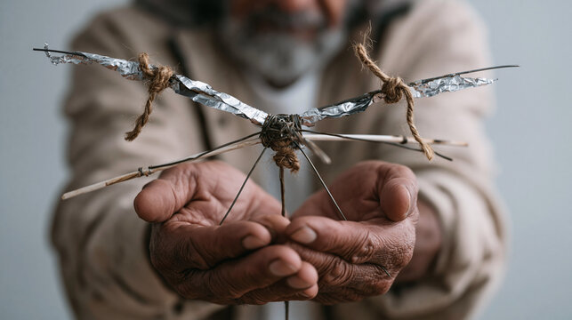 Close up of weathered hands holding a handmade birdscarer assembled from foil strips and dowel rods against a stark minimalist studio backdrop, every twist of wire and knot