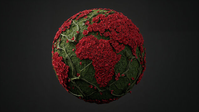 赤い薔薇の花びらと緑の蔦が大陸の形を創り出すボタニカル地球儀3D